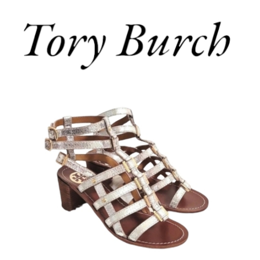 Tory Burch Reggie Silver Metallic leather gladiator sandals size 5